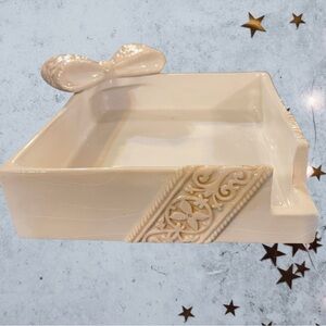 Vintage Grasslands RoadCream & Gold Square Dish or Napkin Holder with Ribbon